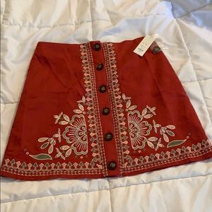 Red floral stitched linen skirt